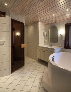  Bathroom with sauna, shower and hot tub. 