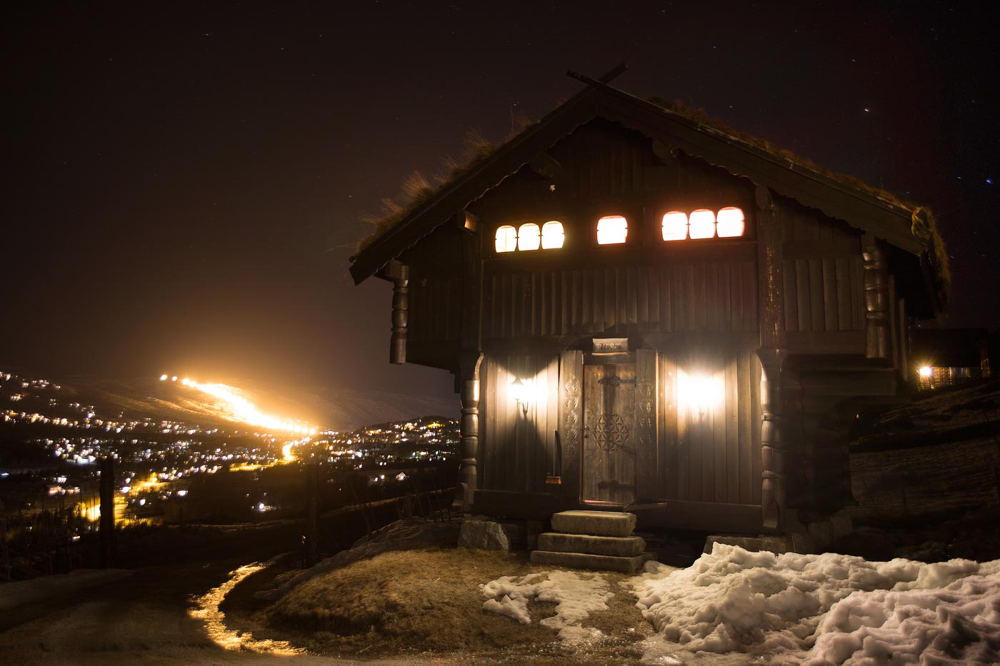  Starry sky and light from ski center. 