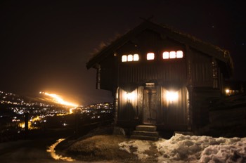  Starry sky and light from ski center. 